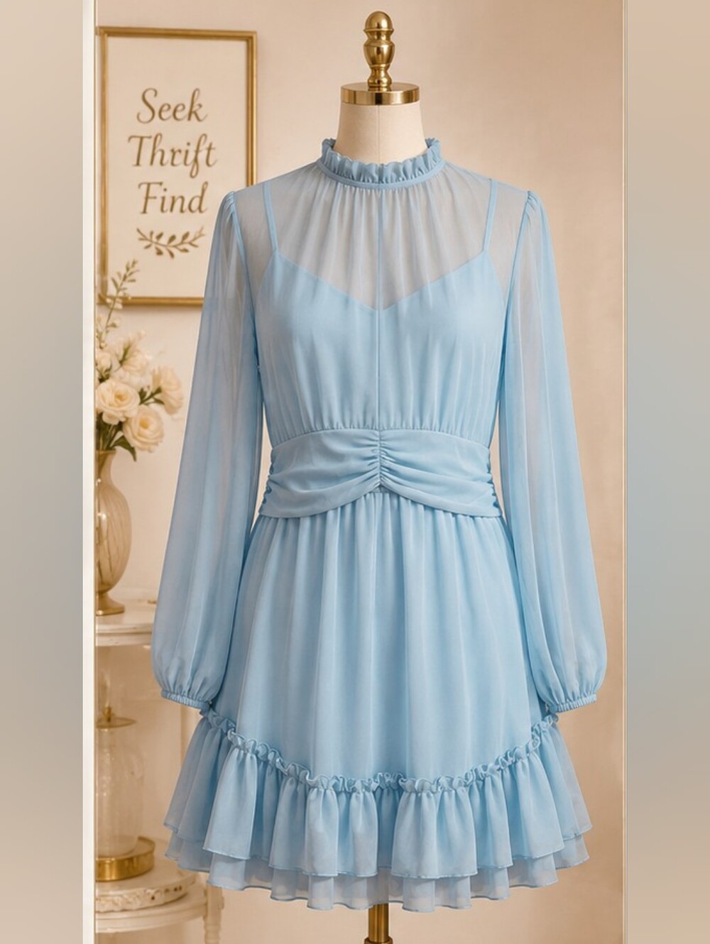 Sky Blue Chiffon Ruffle Mini Dress Sheer Long Sleeve Ruched Waist XL - Picture 2 of 3